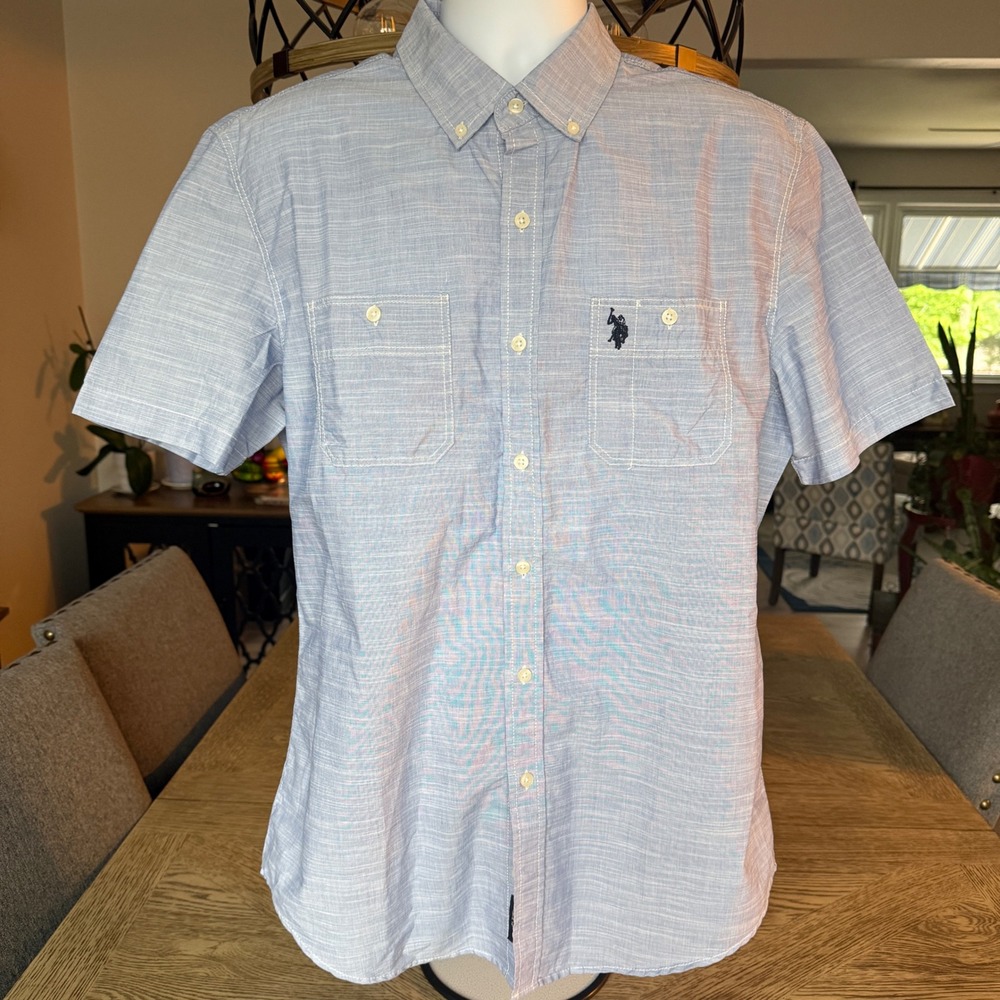 US Polo Assn Mens Short Sleeve Button Down Shirt Blue Slub Texture Large